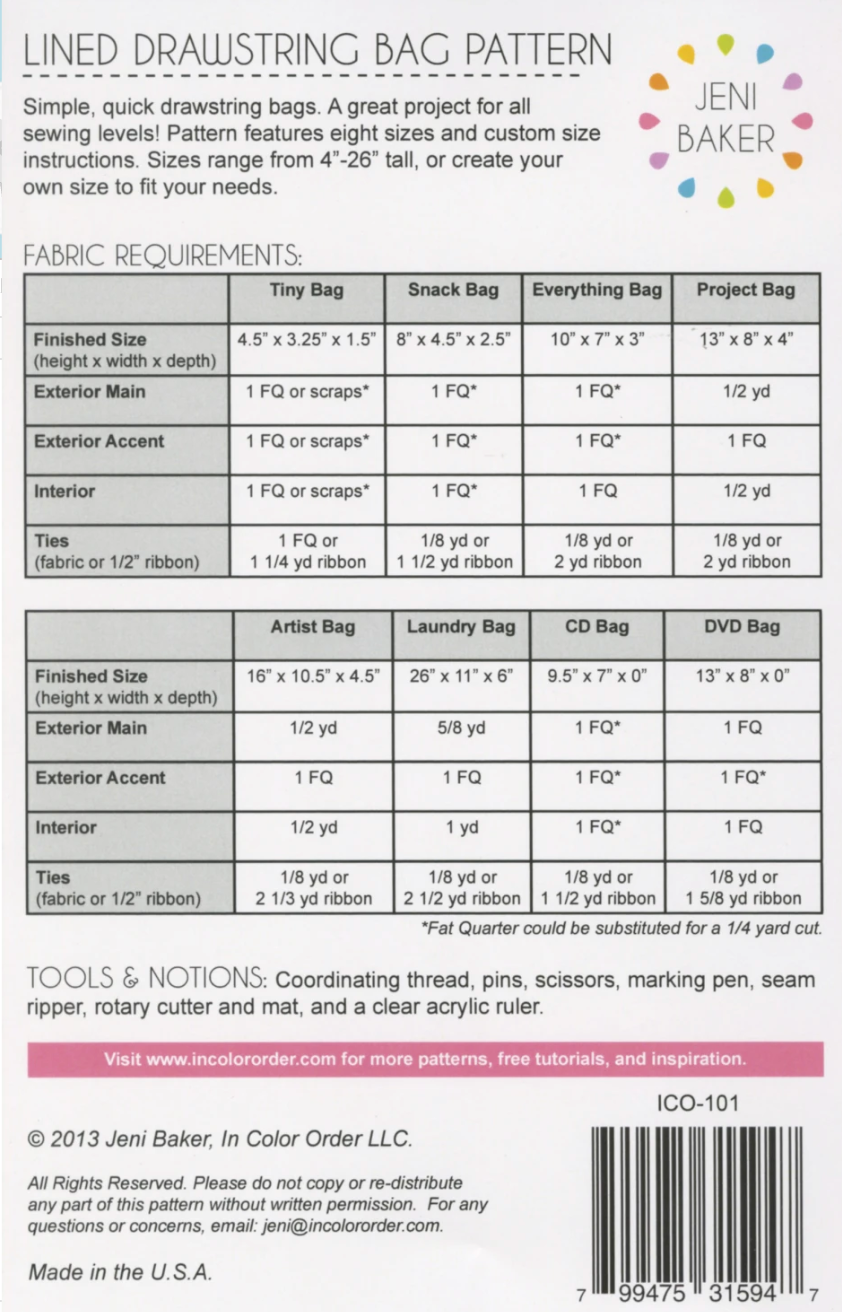 Lined Drawstring Bag Pattern Fun Sizes By Jeni Baker