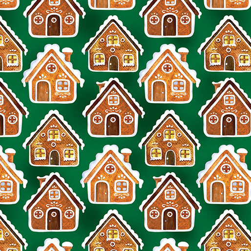Benatrex Sugar & Spice By NICOLE DECAMP By The 1/2 Yard Gingerbread Houses Green