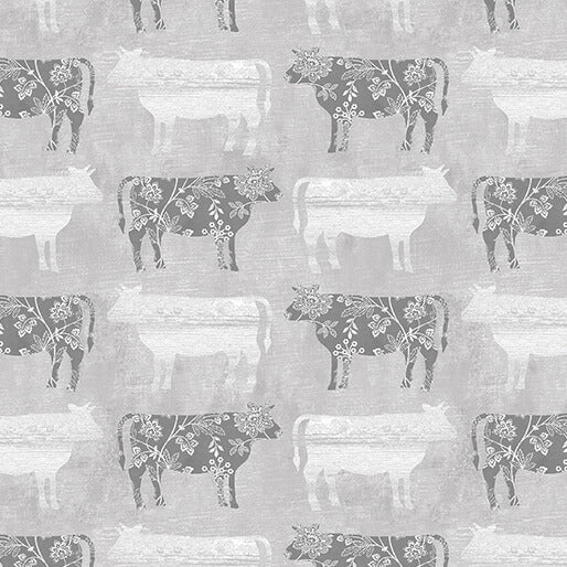 Pre Order Ships In September Chalk Barn By Shannon Roberts For Benartex By The 1/2 Yard Calico Cows Grey