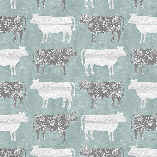 Pre Order Ships In September Chalk Barn By Shannon Roberts For Benartex By The 1/2 Yard Calico Cows Medium Teal
