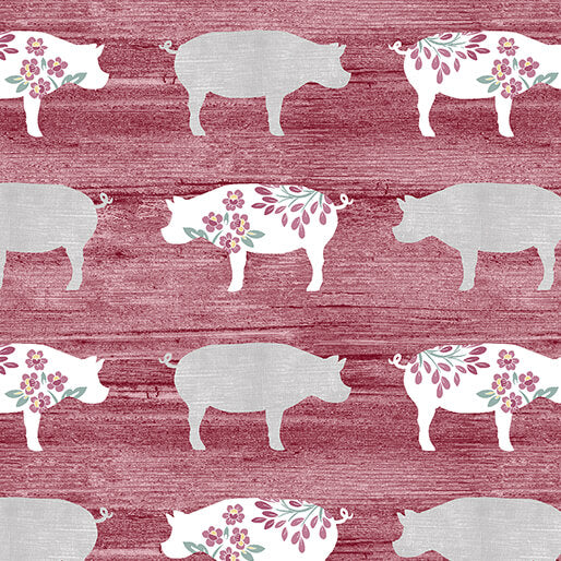 Pre Order Ships In September Chalk Barn By Shannon Roberts For Benartex By The 1/2 Yard Pretty Pigs Red