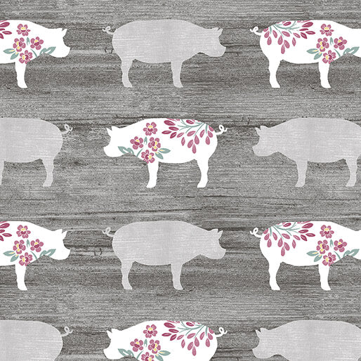 Pre Order Ships In September Chalk Barn By Shannon Roberts For Benartex By The 1/2 Yard Pretty Pigs Charcoal