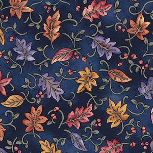 Nancy Halvorsen Autumn Breeze By The 1/2 Yard Dancing Leaves Navy