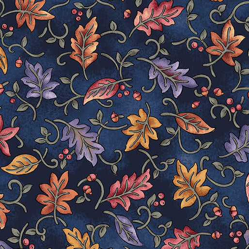 Nancy Halvorsen Autumn Breeze By The 1/2 Yard Dancing Leaves Navy