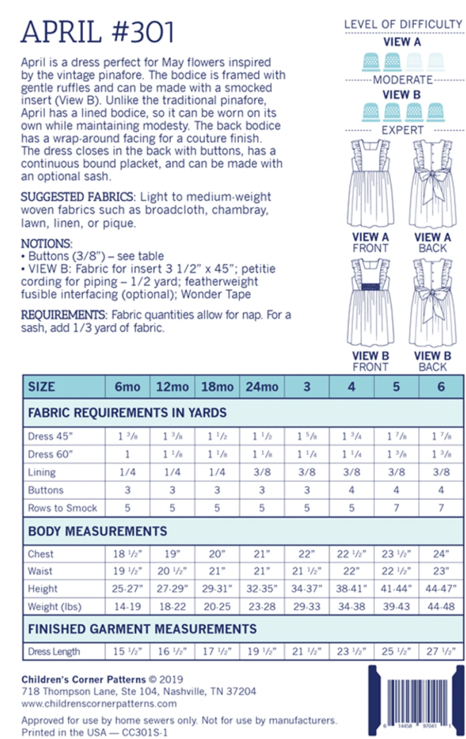 April 6mos - 6 Dress Pattern By Children's Corner Patterns