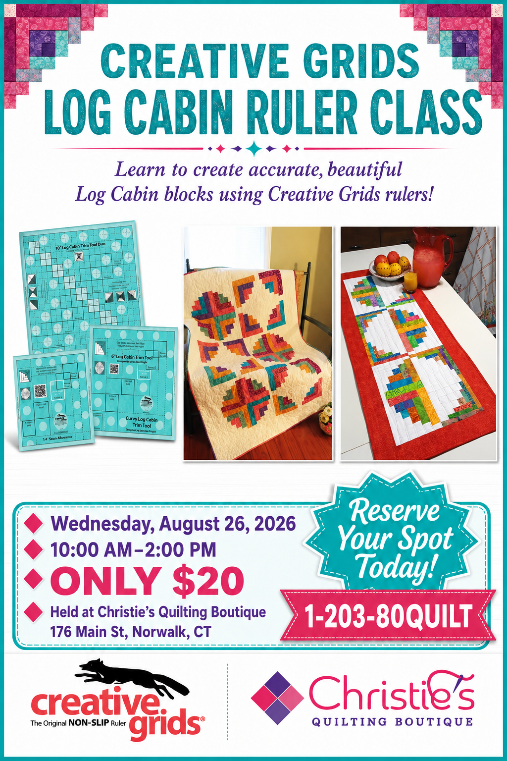 08/26/2026 Log Cabin Quilt Block Class 10-2 Class By Regina