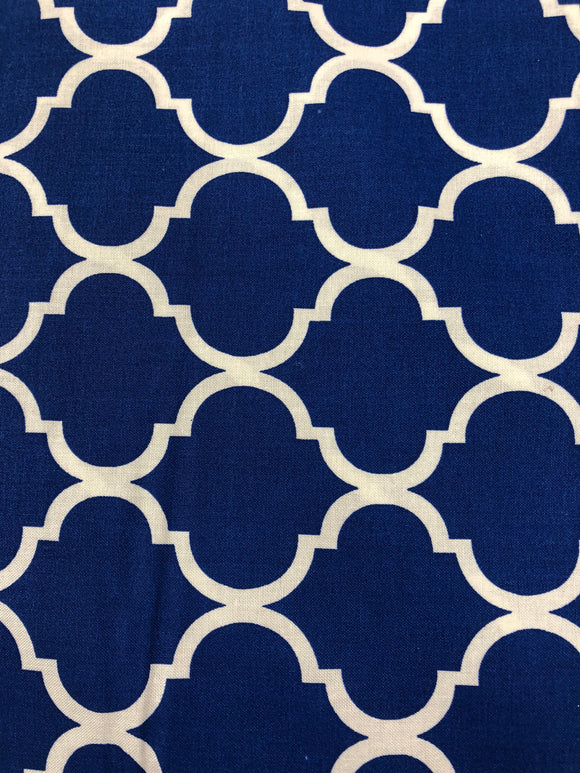 Quilting Fabric By The 1/2 Yard Quatrefoil White On Royal