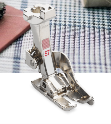BERNINA Patchwork Foot with Guide #57 For patchwork projects with seam allowances of 3 mm (1⁄8”) or 6 mm (¼”) Three notches on the side for precise guidance The guide allows perfectly straight lines to be sewn For 5.5 mm and 9 mm machines