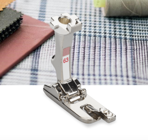BERNINA Zigzag Hemmer #63 Decorated hems, sewn quickly Creating double-fold hems using a zigzag or decorative stitch This foot saves on work and time For hems with a width of 3 mm For fine materials For 5.5 mm and 9 mm machines