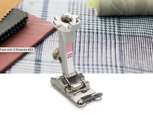 BERNINA Cording Foot with 3 Grooves #22 For up to three yarns and ribbons For simultaneously couching several strands of yarn or narrow ribbons side-by-side With 3 grooves for 3 yarns and decorative stitches For 5.5 mm and 9 mm machines